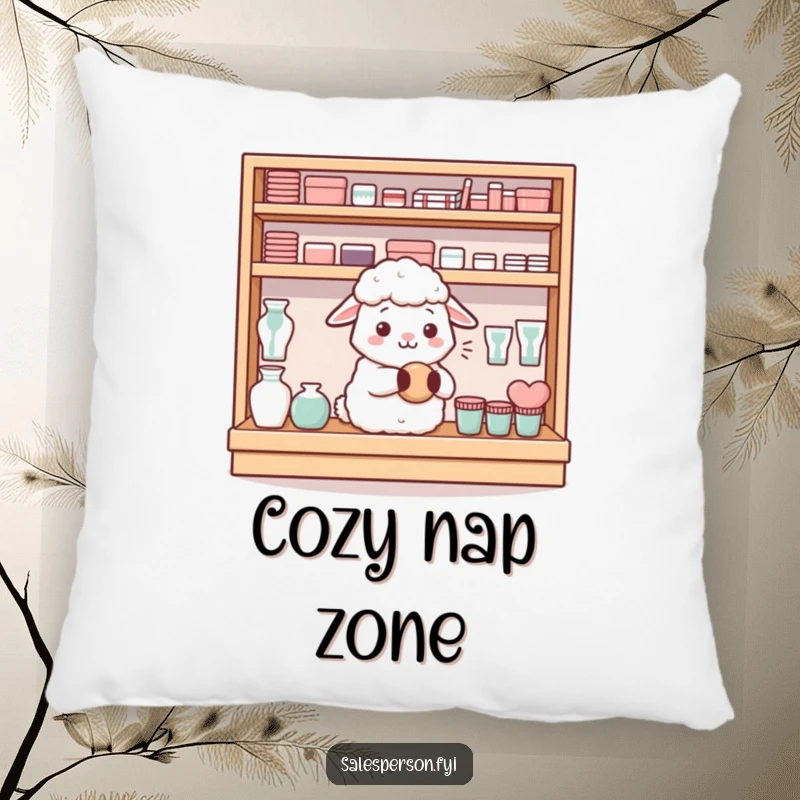 Funny content sheep neatly arranging items on a shelf on a plush pillow, a cozy symbol of order, a funny gift.