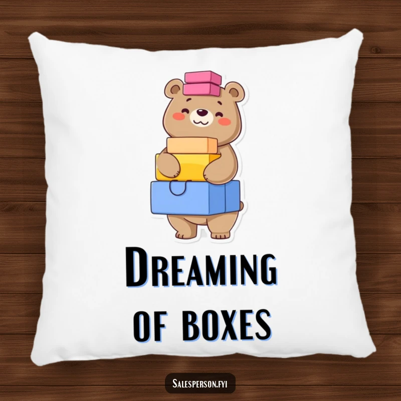 Funny pillow showcasing a confident bear grinning while balancing a stack of colorful boxes, offering cozy, organized comfort.