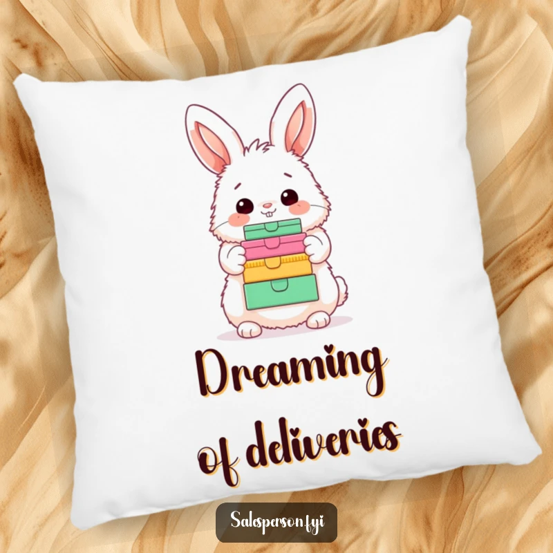 Funny Bunny Pillow: A fluffy bunny joyfully displaying colorful boxes with a happy nod, soft and humorous home decor.
