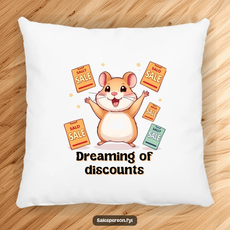 Funny pillow featuring an adorable hamster in mid-air, energetically juggling multiple sale flyers with evident joy.