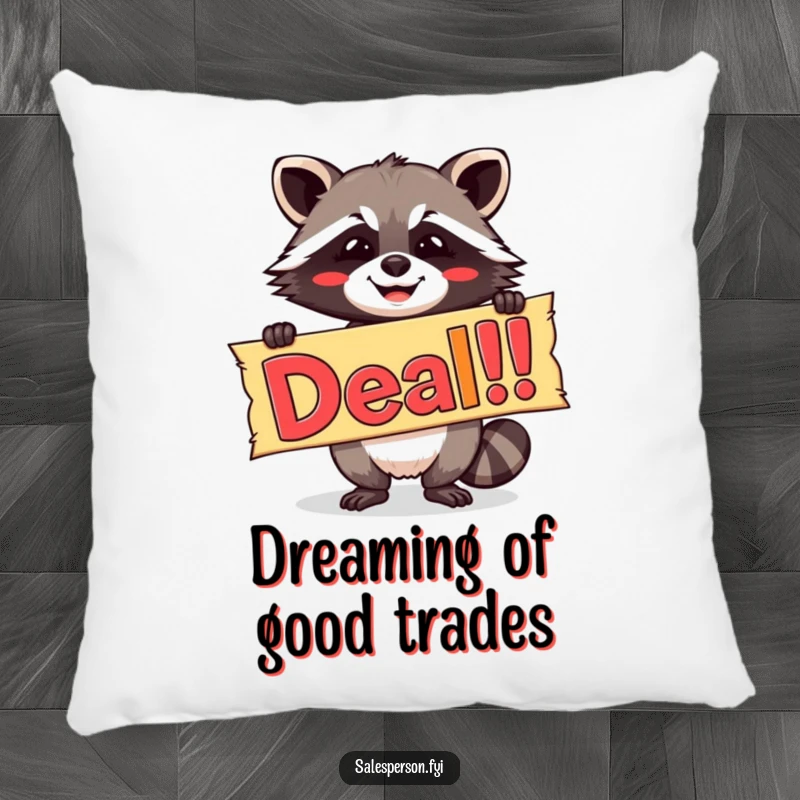 Funny pillow designed with a beaming raccoon holding a large, colorful 'Deal!' banner, adding comfort and a sense of opportunity.