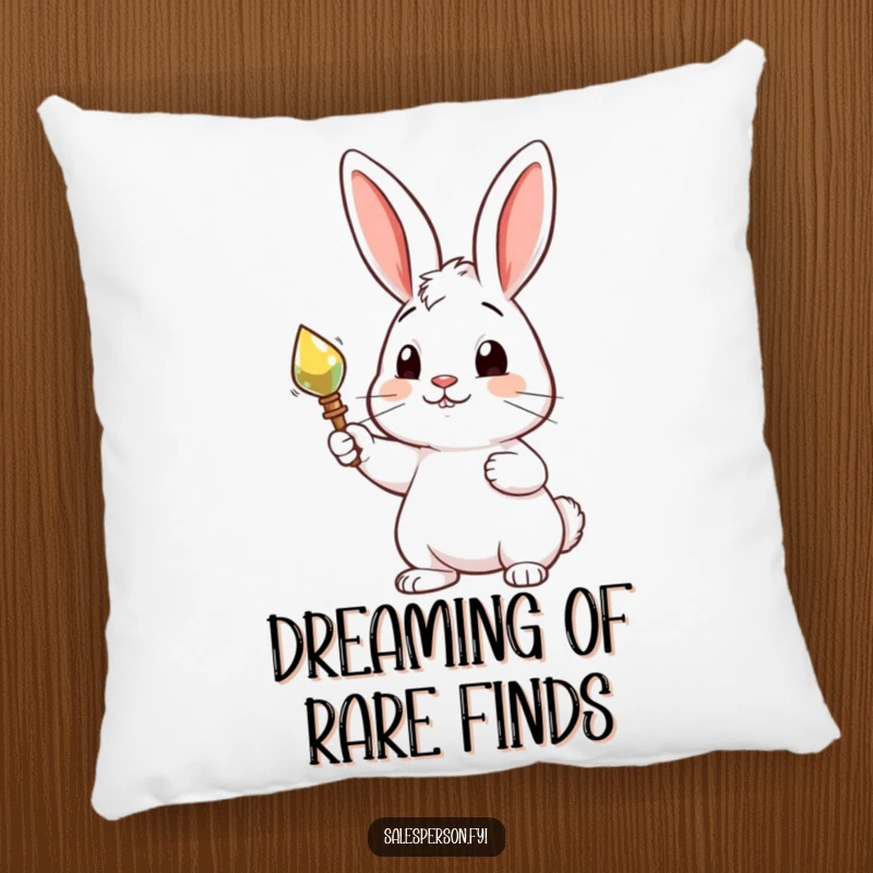 Funny pillow featuring a curious rabbit proudly presenting a shiny object, offering soft, comforting charm and a hint of pride.