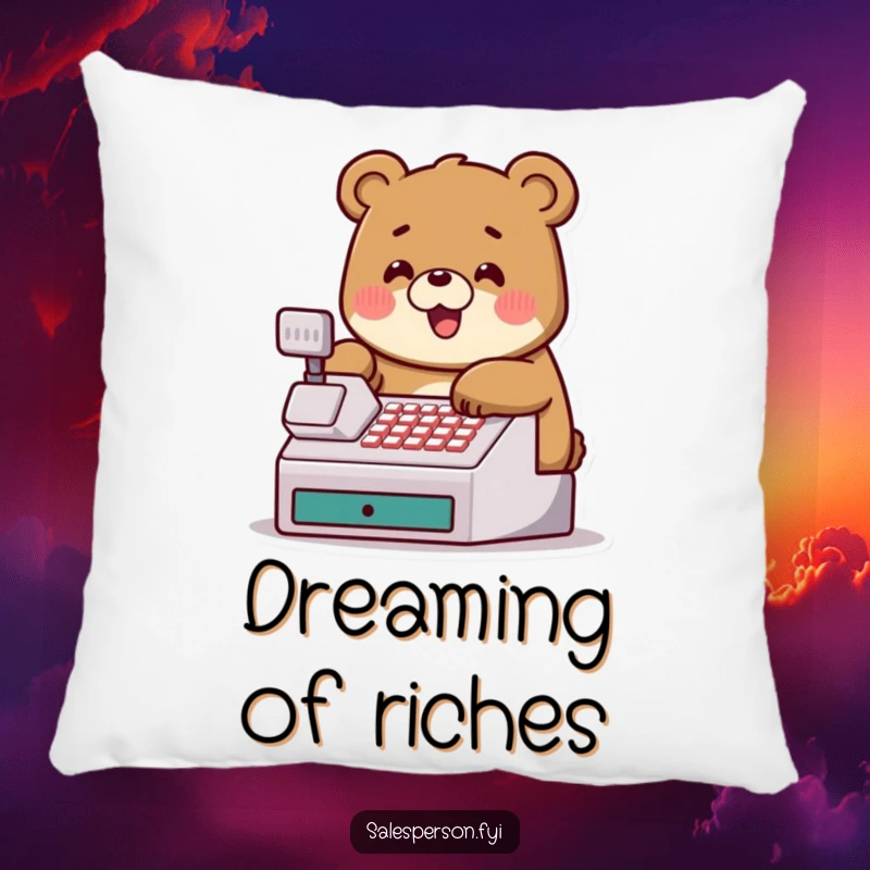 Funny pillow with a jovial bear tapping a cash register, perfect for adding comfort and financial humor.