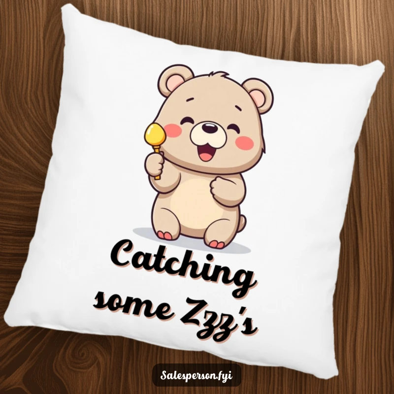 Funny and soft pillow with a cheerful bear holding up a shiny object, symbolizing a great find.