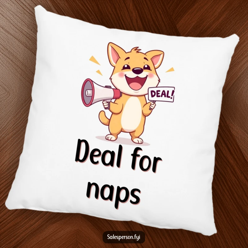 Funny Dog Deal Pillow: Happy dog excitedly announcing a deal with a megaphone, comfortable cushion.