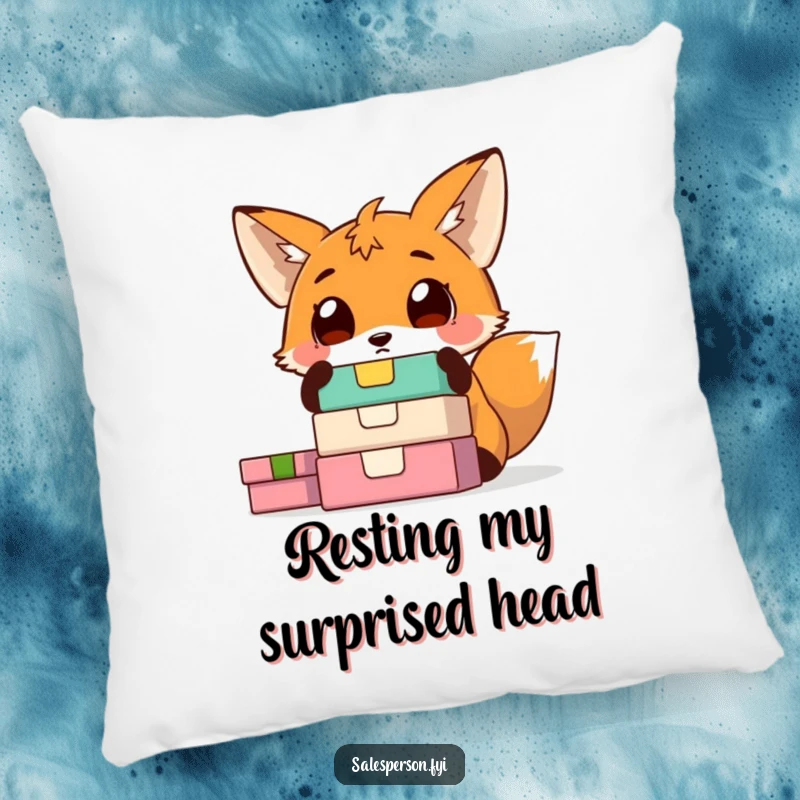 Funny fox pillow with a surprised fox wide-eyed at a stack of colorful boxes. Soft, cozy, and playfully intriguing decor.