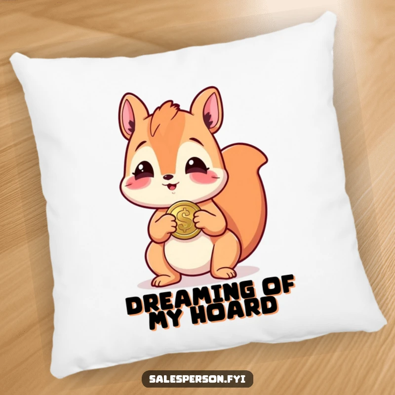 Funny pillow designed with a happy squirrel offering a shiny coin, bringing comfort and amusement to any seating area.