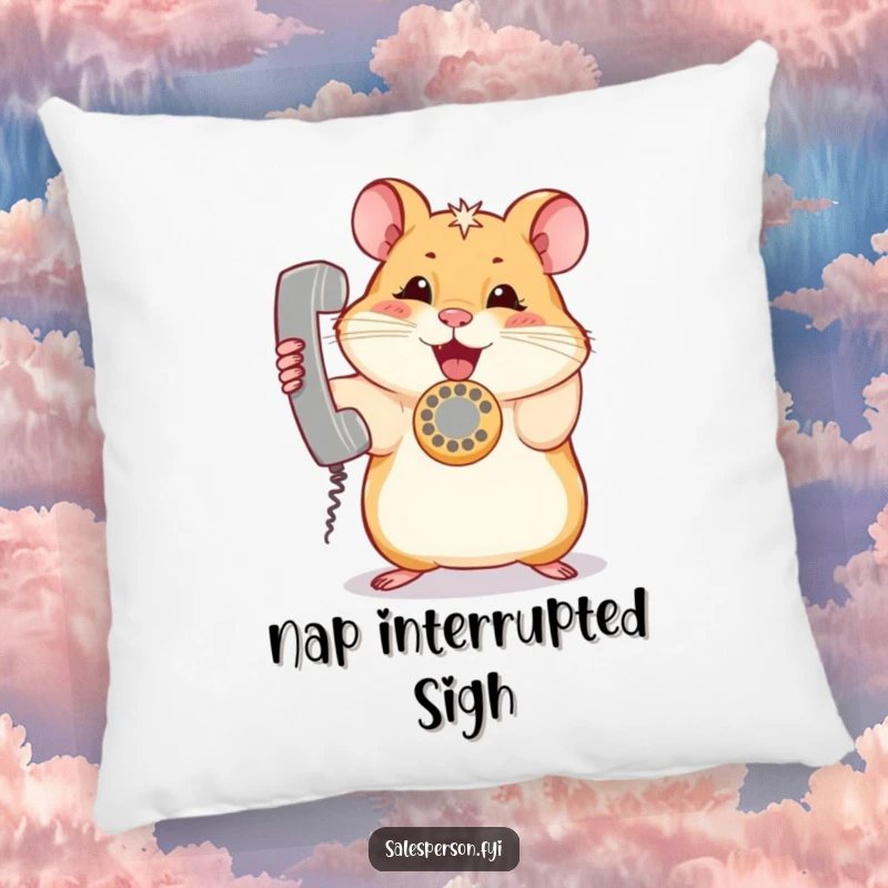 Funny hamster pillow with a curious expression, holding a ringing telephone, offering comfort and humor for your home.