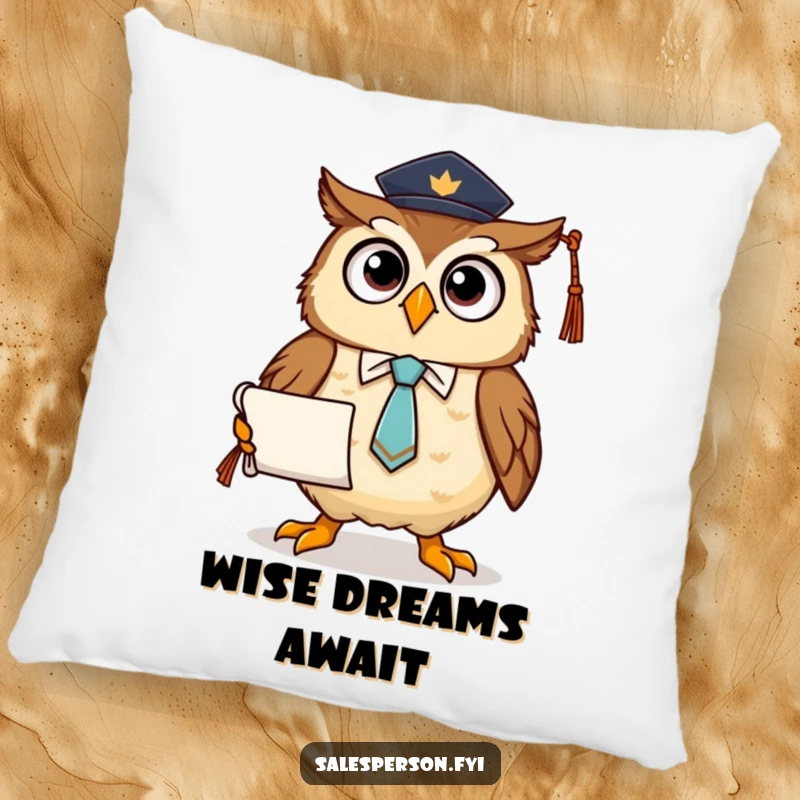 Funny pillow featuring a proud owl in a tie holding a diploma scroll, offering comfort and academic-themed amusement.