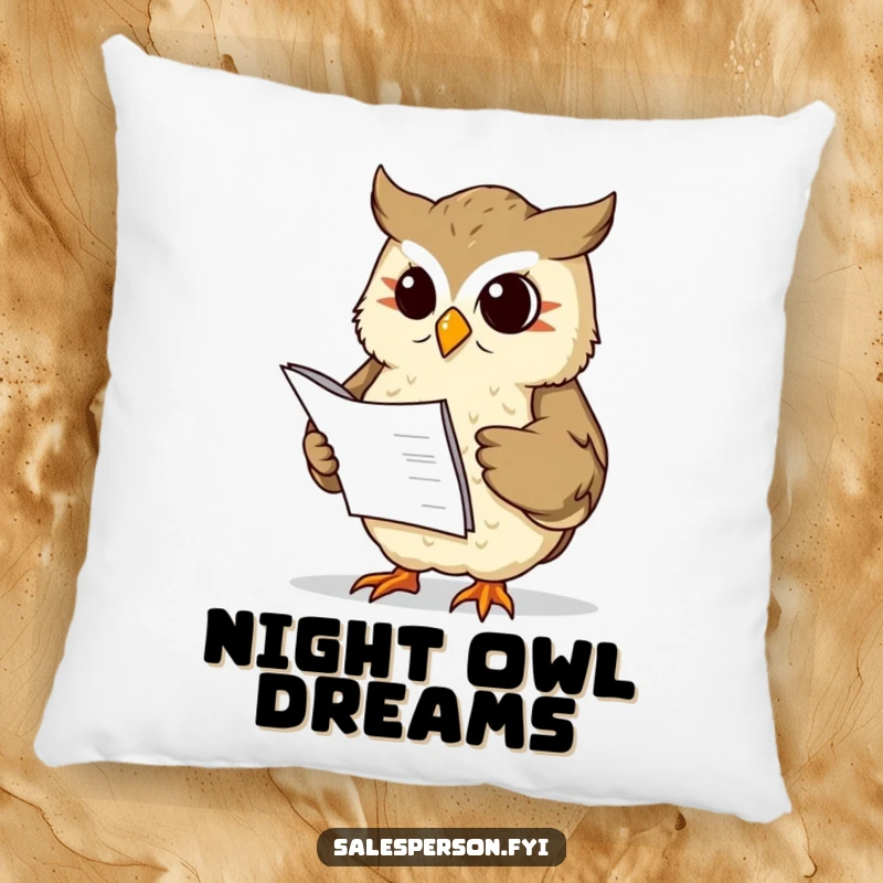 Funny wise owl with a ledger nods sagely on a soft pillow, a cozy symbol of financial knowledge, a funny gift.