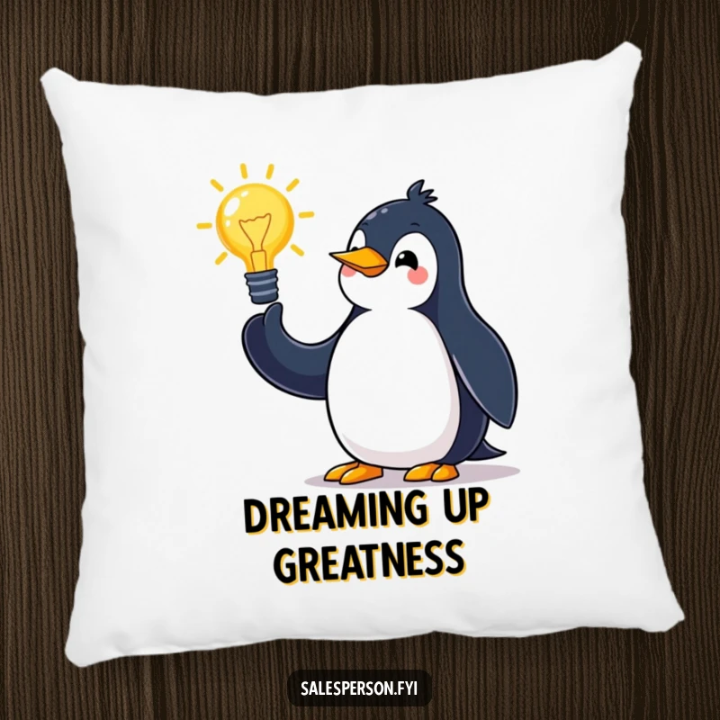 Funny penguin pillow with a jovial expression, pitching an idea with grand gestures, perfect for comfort and humor.