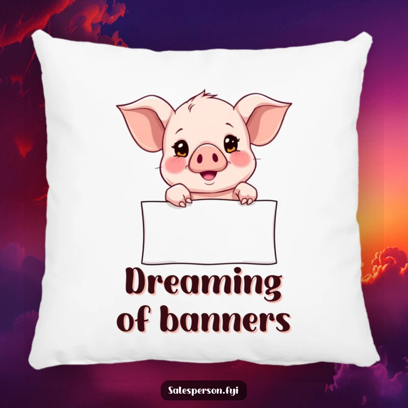 Funny Pillow showcasing a curious piglet pointing at a banner with a hopeful look, providing comfort and a cheerful message of dreams.