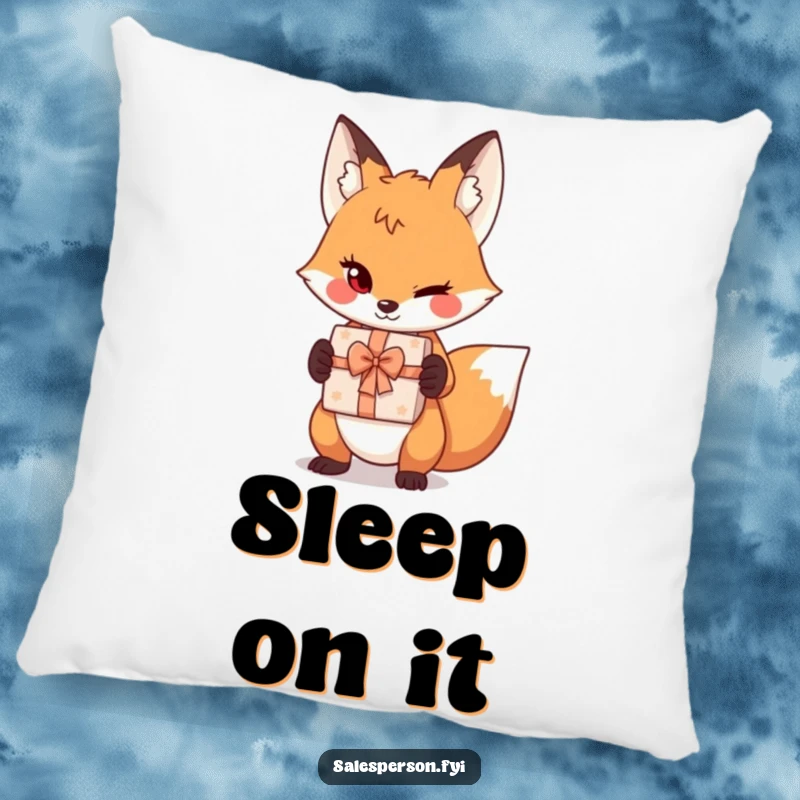 Funny sly fox pillow design, showing a playful wink and a gift box, offering humorous comfort and decor.