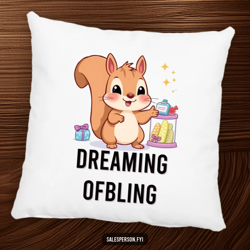 Funny squirrel pillow with a joyful expression, pointing at sparkling items, perfect for comfort and humor.