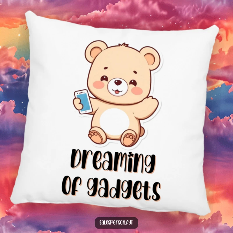 Funny pillow depicting a small, smiling bear enthusiastically presenting a shiny new gadget.