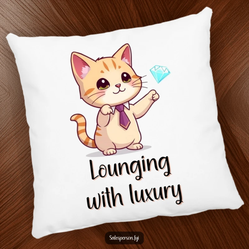 Funny pillow with a cat wearing a tie and gesturing towards a diamond, soft and decorative, perfect funny gift for elegant homes.