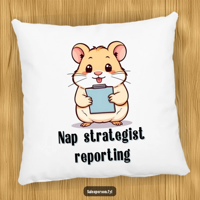Cute, funny hamster holding a clipboard and pen, looking organized and ready to take notes on a plush pillow.
