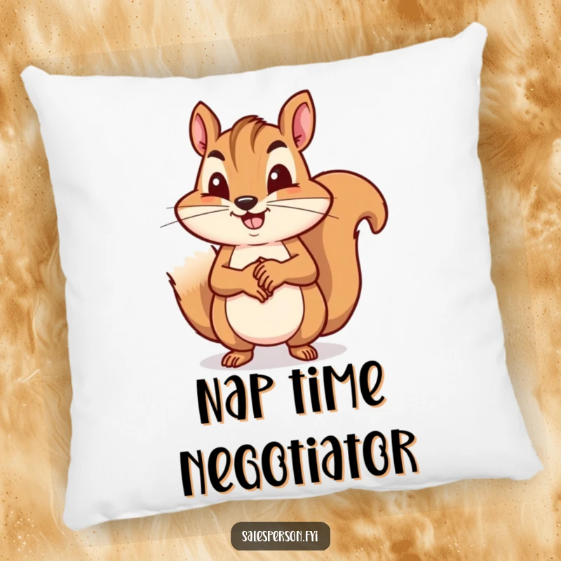 Funny squirrel closing a deal with a handshake, making this pillow a cozy and humorous business accessory, a funny gift.
