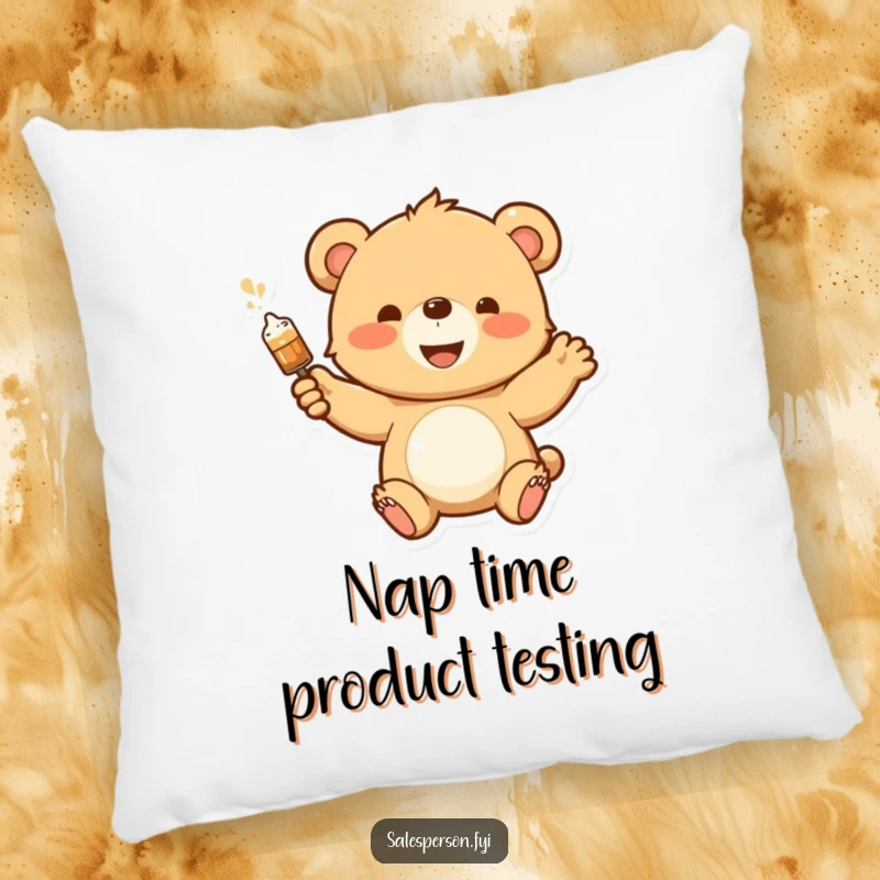 Funny pillow featuring an enthusiastic bear cub demonstrating a product with a flourish, offering soft, playful comfort.