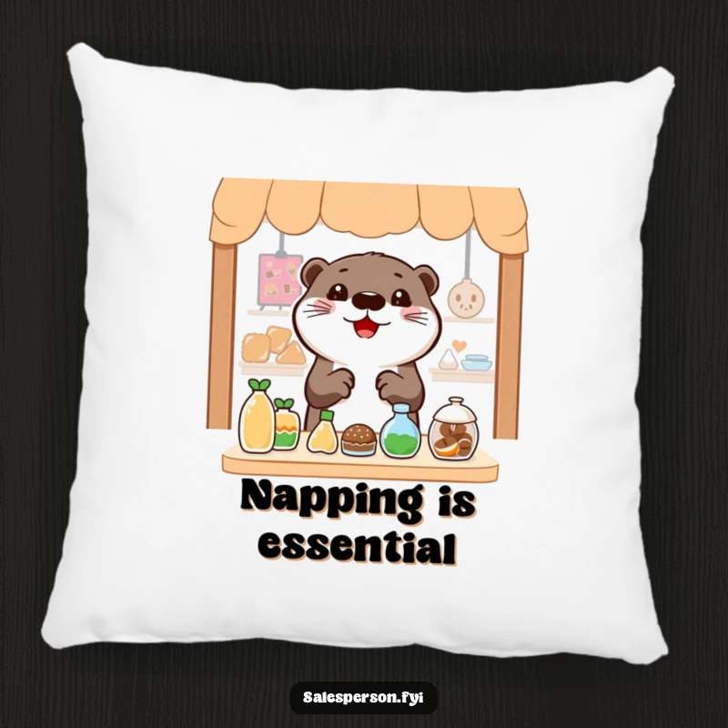 Funny Otter Pillow: Cheerful otter gesturing widely towards enticing items, soft and wonderfully humorous.