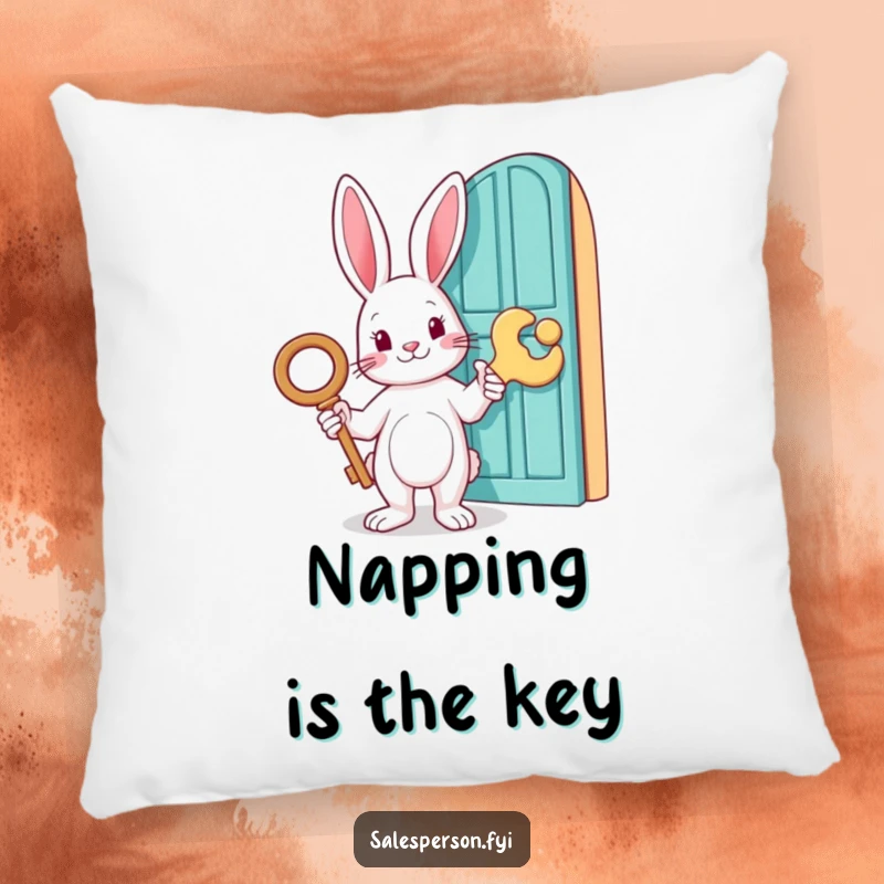 Funny pillow with a rabbit holding a giant key and pointing to a door, soft and decorative, perfect funny gift for explorers.