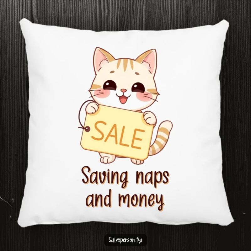 Funny and soft pillow with a happy cat holding a price tag with a big SALE sign.