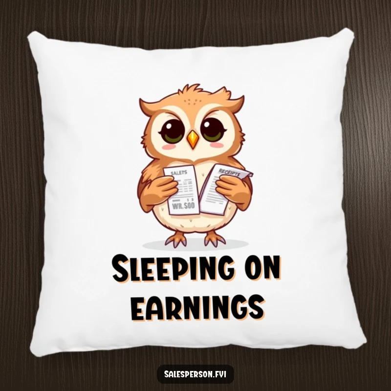 Funny owl pillow with a proud expression, balancing a stack of sales receipts, perfect for comfort and humor.