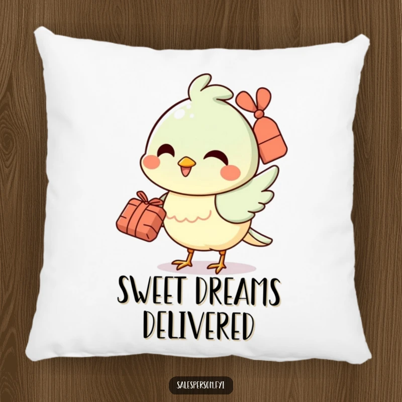 Funny pillow with a cheerful bird smiling and holding a small bundle, perfect for comfort and positive decor.