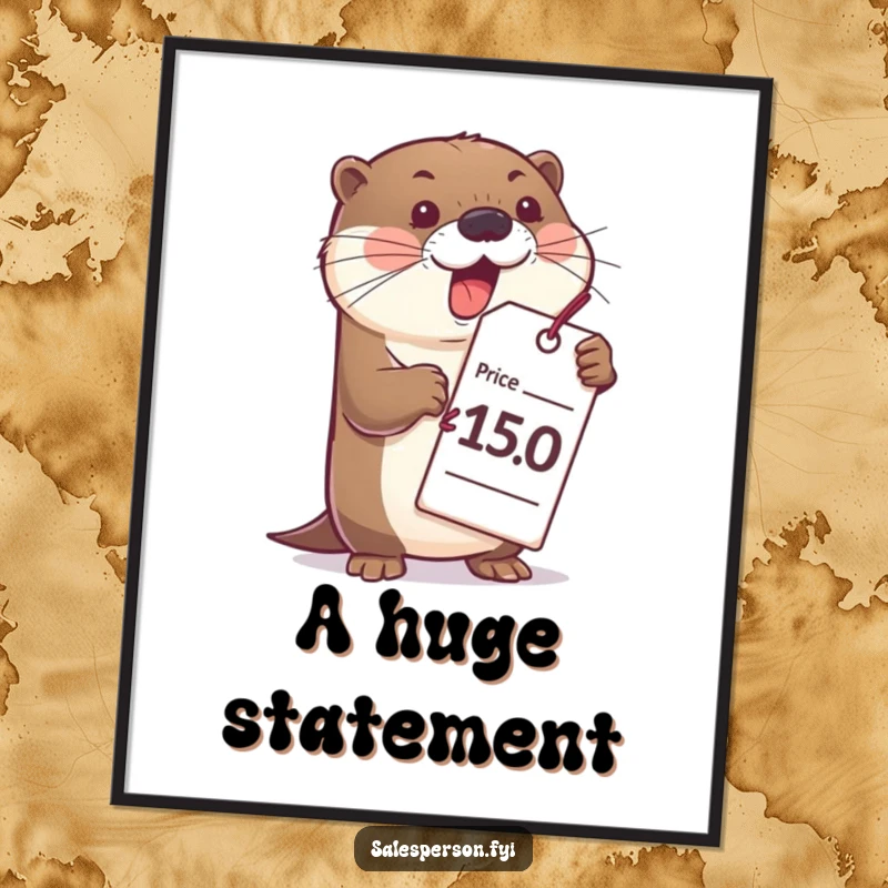 Funny otter digital art, featuring a bubbly otter with a huge price tag, offering immediate humorous wall decor.