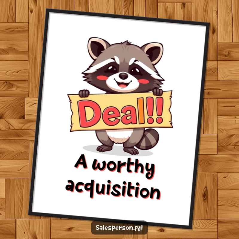 Funny digital art of a beaming raccoon holding a colorful 'Deal!' banner, ready to be printed and displayed for instant cheer.