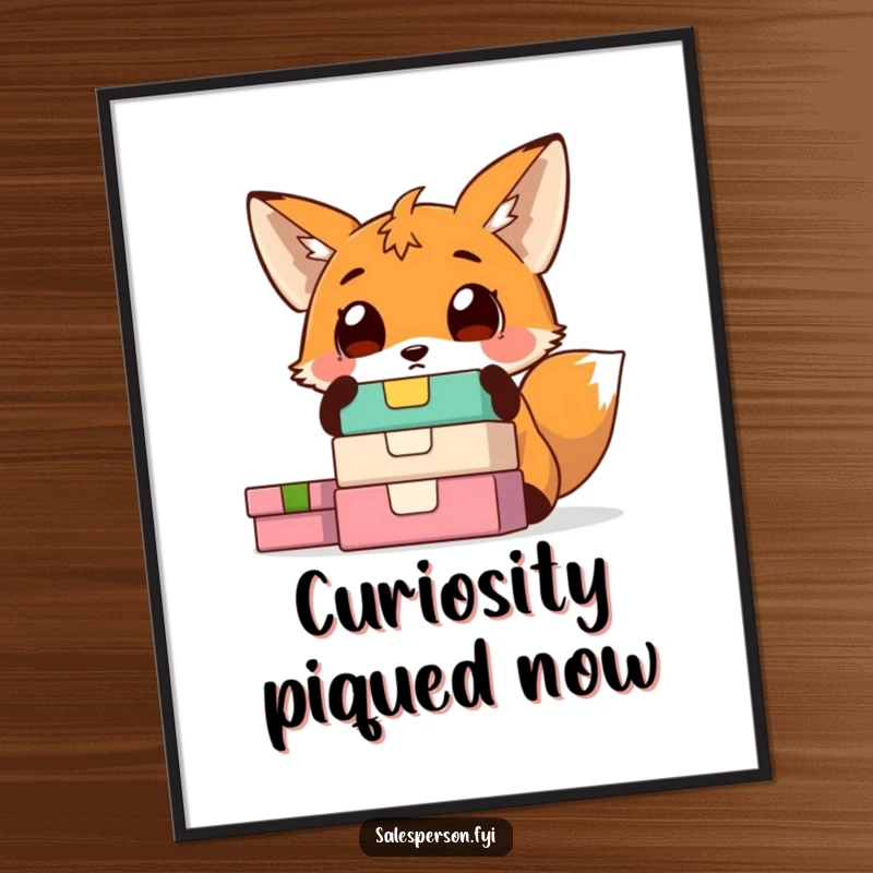 Funny fox digital art print of a surprised fox wide-eyed at a stack of colorful boxes. Instant whimsical and curious wall decor.