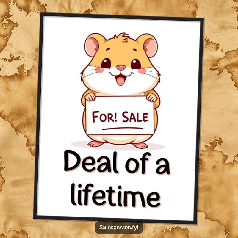 Funny Hamster For Sale Digital Art Print: Cheerful hamster with a big smile holding a 'For Sale' sign, instant download.