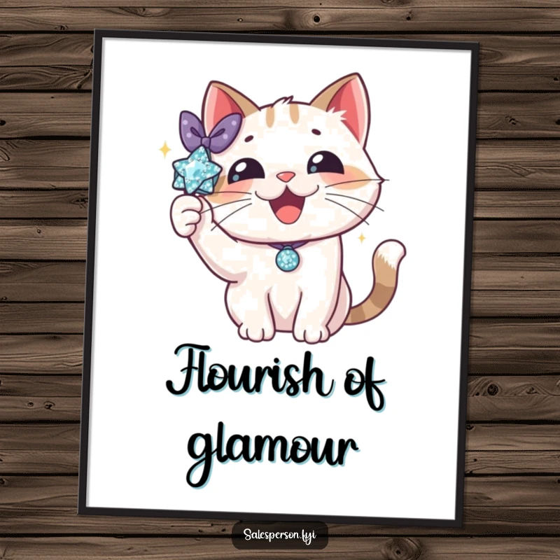 Funny cat digital art print of a delighted cat proudly showcasing a sparkly accessory with a flourish. Instant glamorous wall decor.