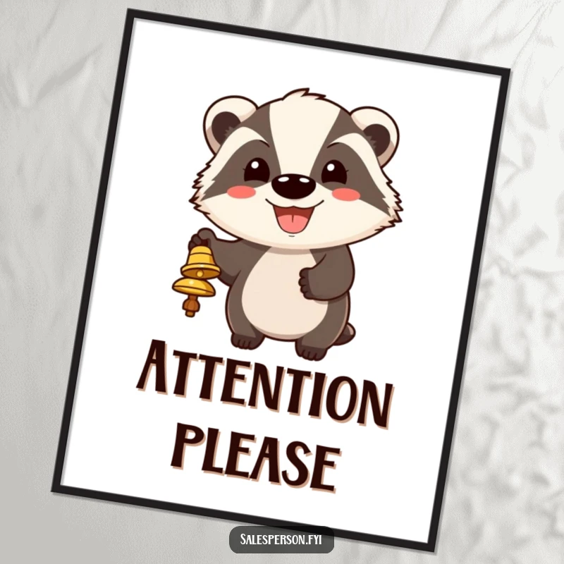 Funny digital art print of a cheerful badger with a big grin, ringing a bell to humorously get attention.
