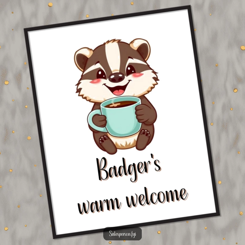 Funny digital art print of a jovial badger with a welcoming smile, offering a steaming cup of coffee, embodying hospitality.