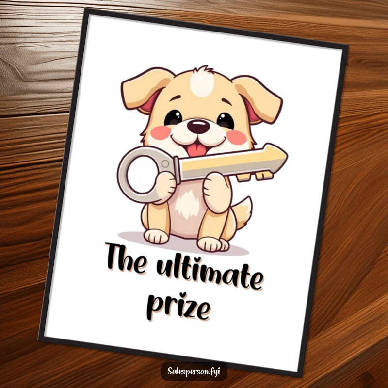 Funny Dog Digital Art: A beaming dog excitedly holds a shiny house key, symbolizing happiness and new beginnings for your decor.