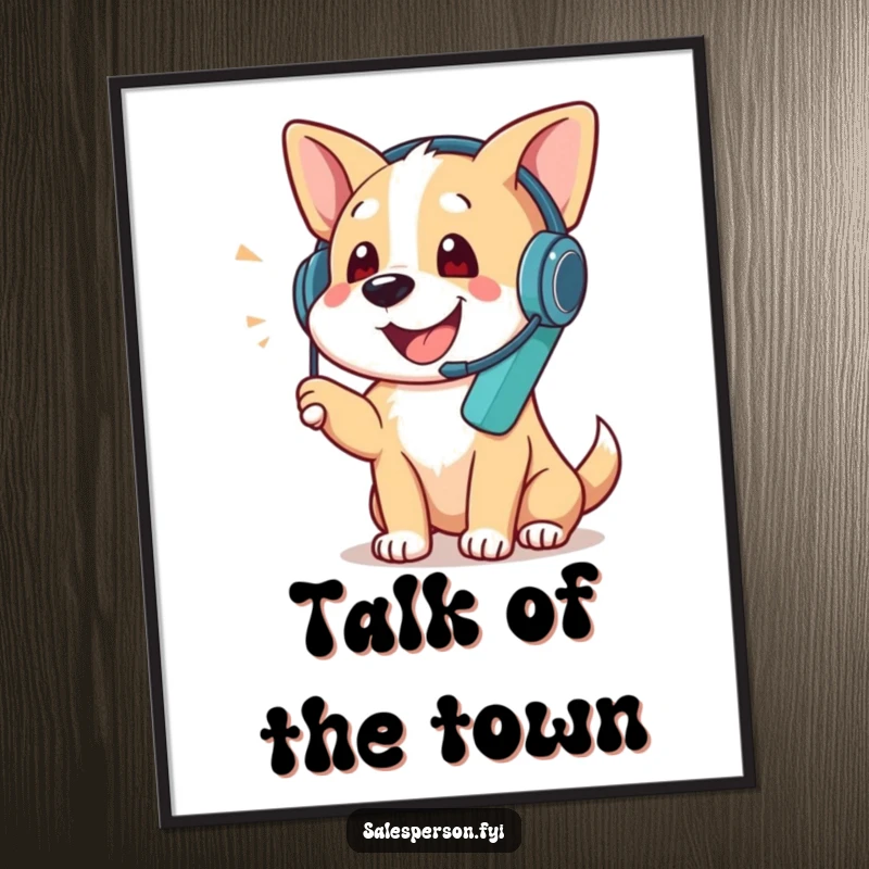 Funny digital art print of a dog wearing a headset and talking on the phone, perfect for wall decor, a memorable funny gift.