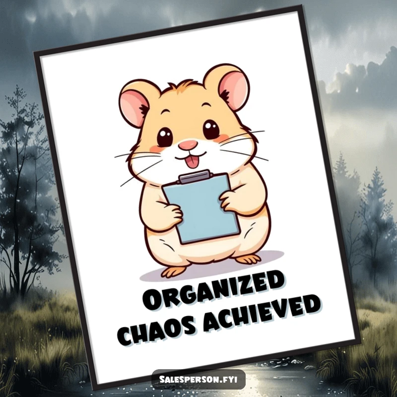 Funny hamster with a clipboard, looking sharp and organized, ready for business in this digital art print.