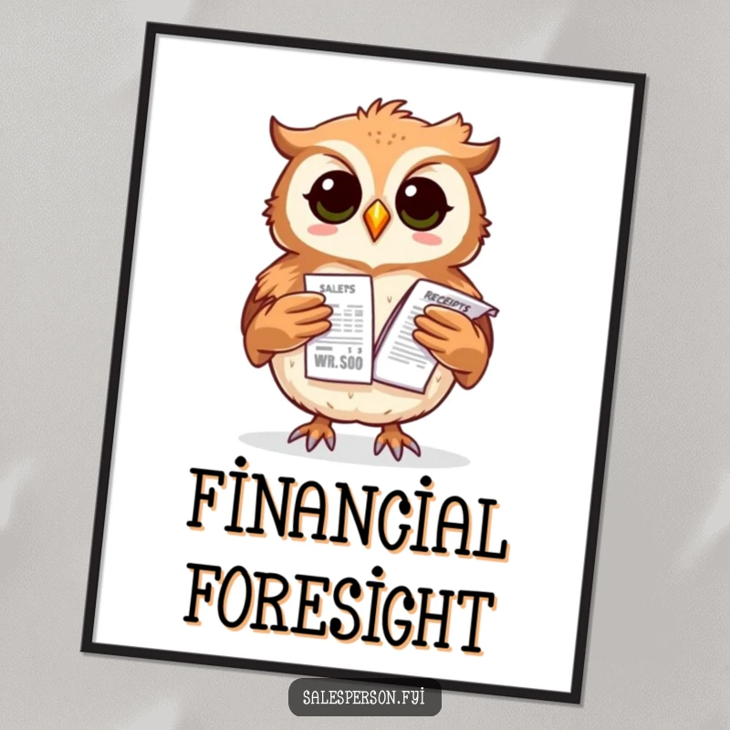 Funny owl digital art print featuring a proud bird balancing a stack of sales receipts, embodying fiscal responsibility.