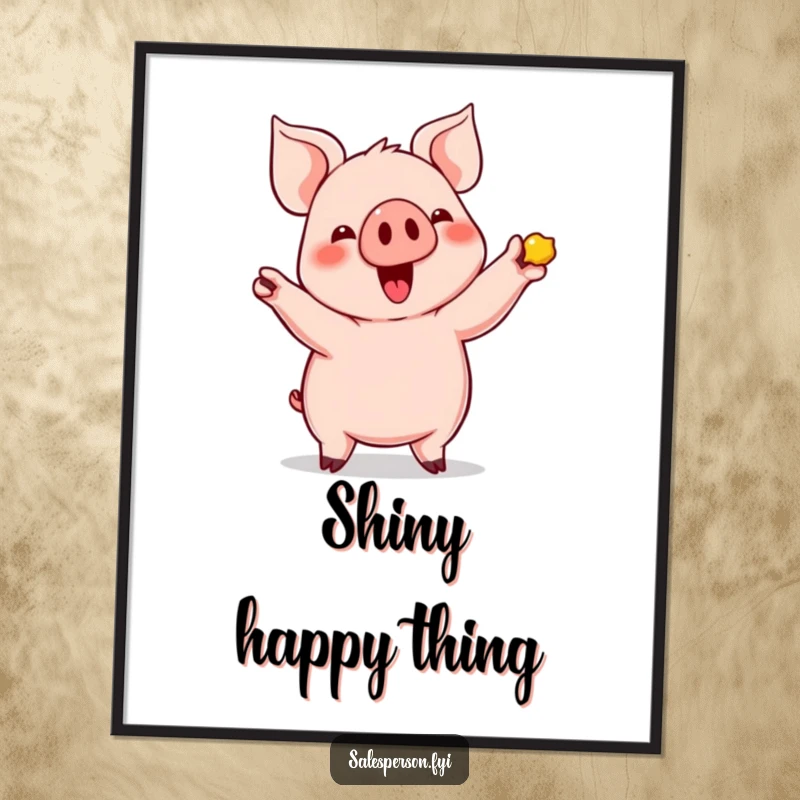 Funny Pig's Shiny Find Digital Art Print: Cute pig enthusiastically showing off a shiny item, instant download.
