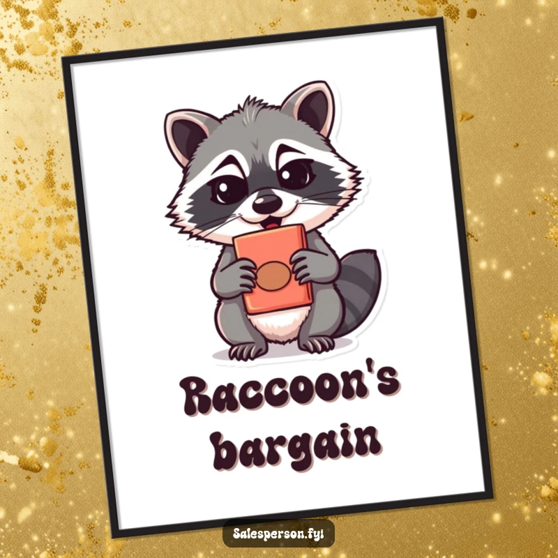 Funny mischievous raccoon with a sly grin offering a quirky item, as a digital art print, a funny gift.