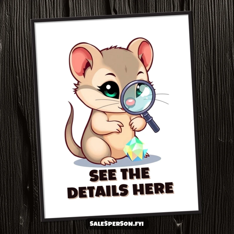 Funny digital art of a sly weasel using a magnifying glass to inspect a sparkling gem, ready to be printed and displayed.