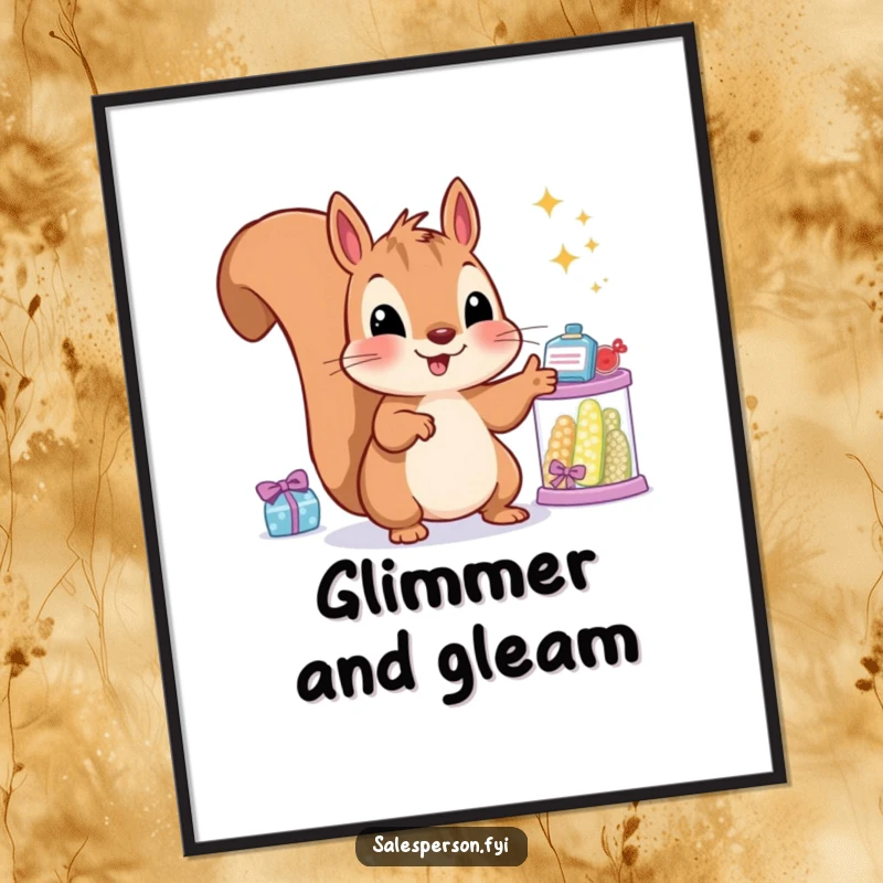 Funny squirrel digital art print featuring a happy rodent gesturing towards sparkling goods, embodying delight and acquisition.