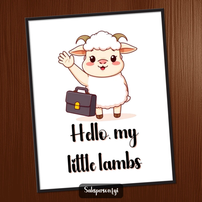 Funny digital art print of a sheep in a suit, holding a briefcase and waving hello, bringing business humor to life.