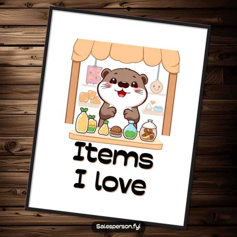 Funny Otter Digital Art: Cheerful otter gesturing widely towards enticing items, instant, joyful decor.