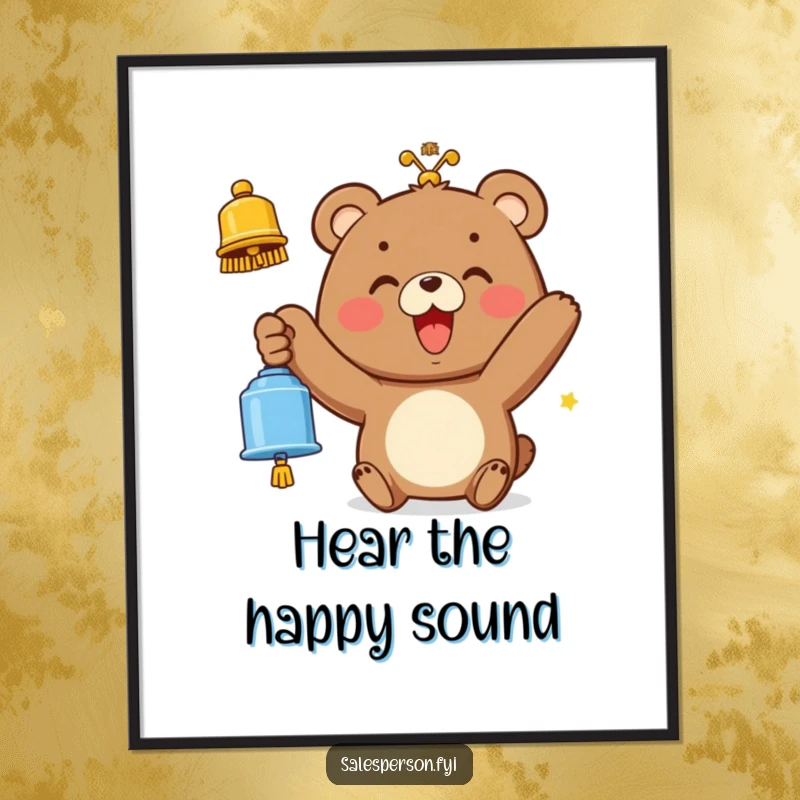 Funny digital art print of a bear with a wide smile, enthusiastically ringing a bell, spreading happiness.