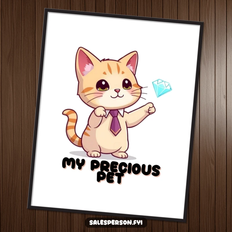 Funny digital art print of a cat in a tie gesturing towards a sparkling diamond, perfect for wall decor, a memorable funny gift.