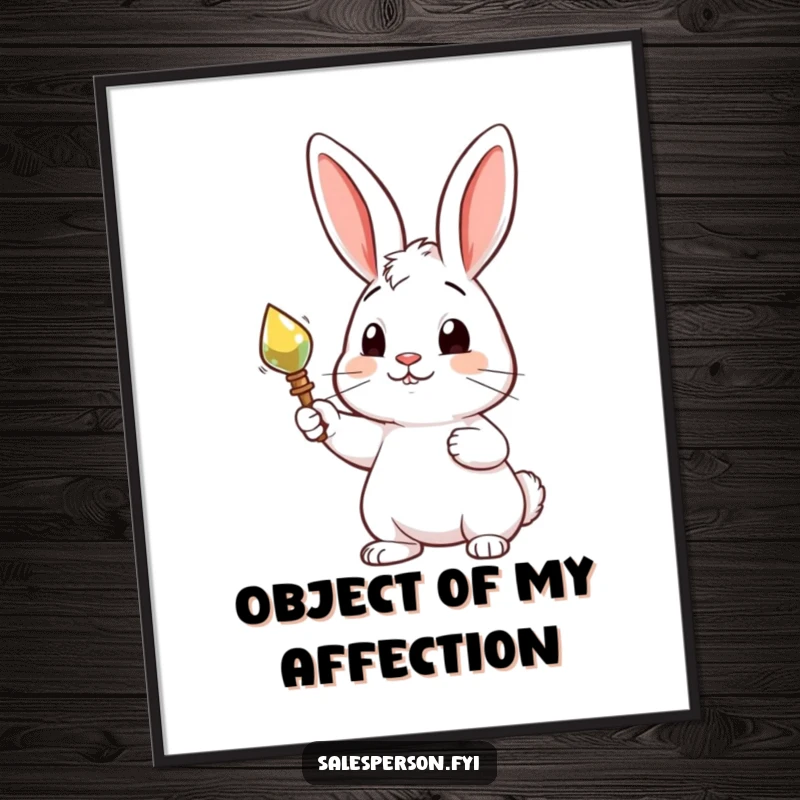 Funny digital art print of a curious rabbit proudly presenting a shiny, desirable object, creating a whimsical and proud wall art piece.