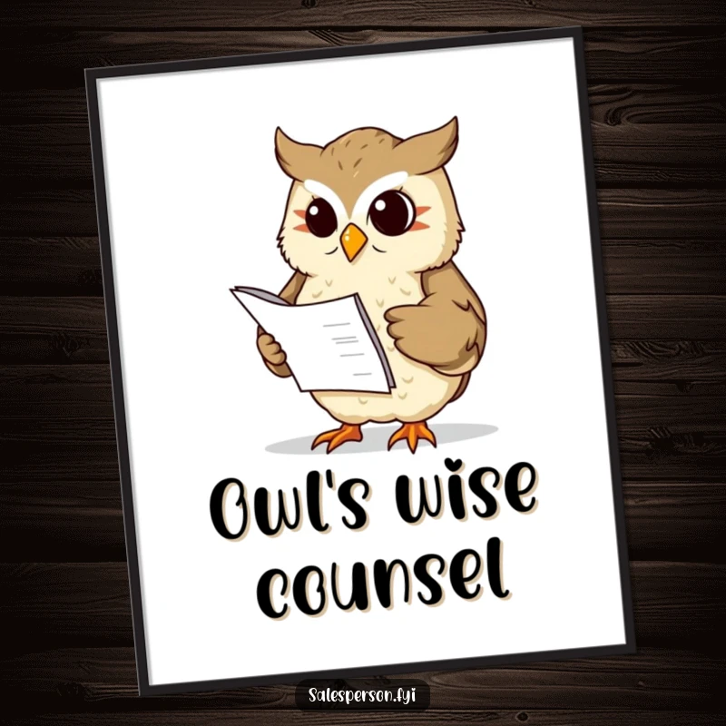 Funny wise owl holding a ledger and nodding sagely, as a digital art print, a funny gift.