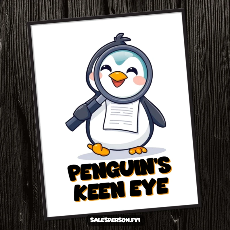 Funny digital art print of a joyful penguin using a magnifying glass on a document, offering instant investigative decor and humor.